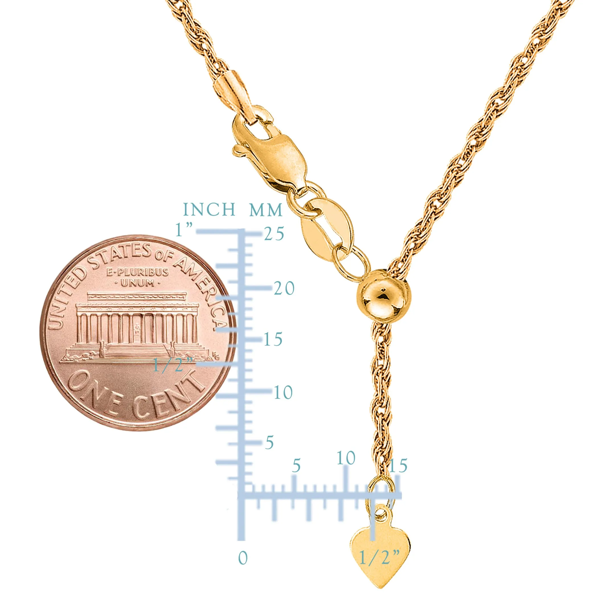 14k Yellow Gold Adjustable Rope Chain Necklace, 1.0mm, 22"