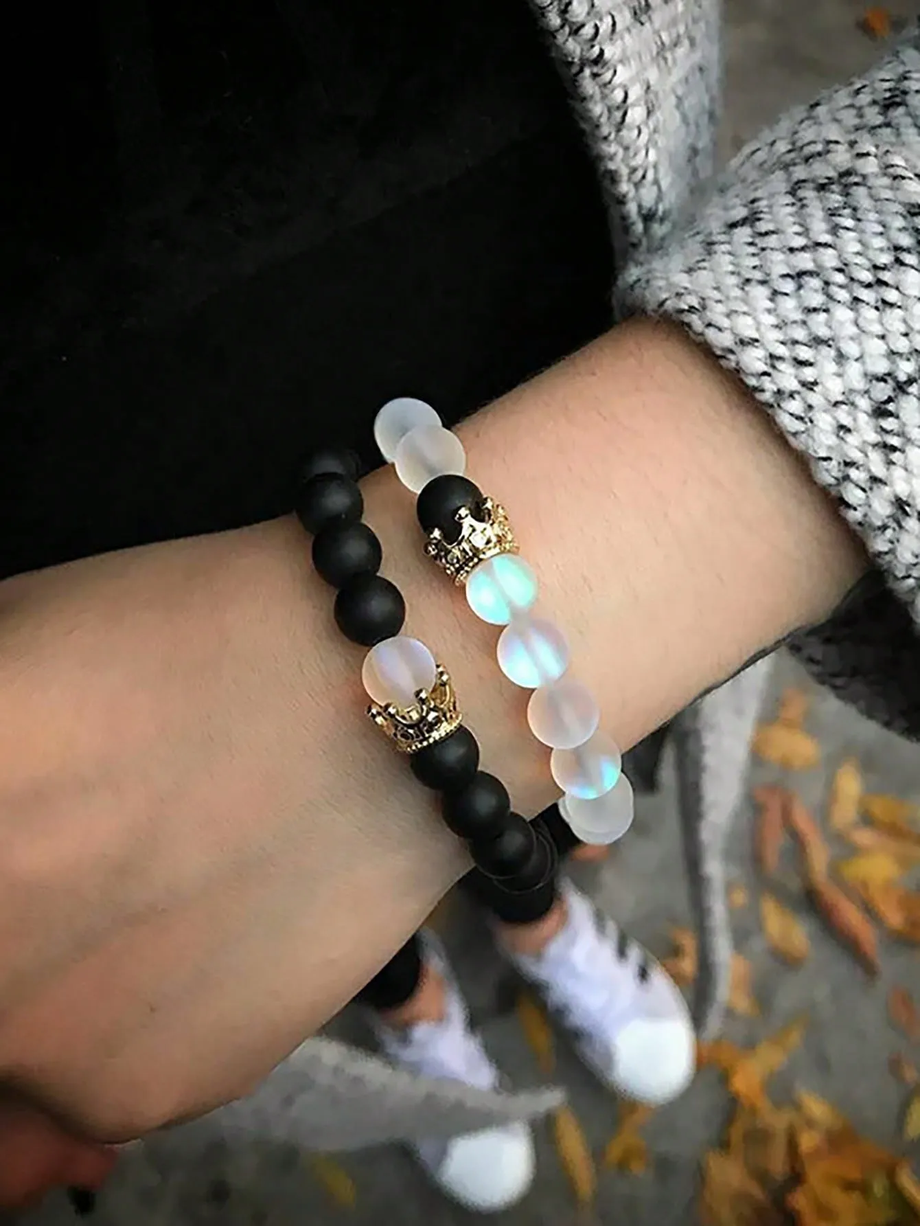 2pcs/set Matching Bracelets Crown Decor Beaded Bracelet For Couple