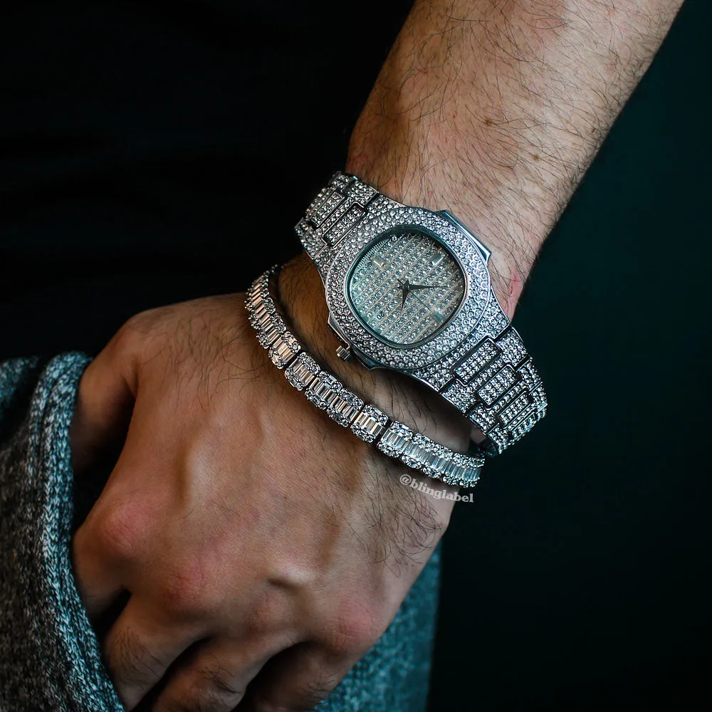 8.5mm Iced Out Baguette Link Bracelet in White Gold