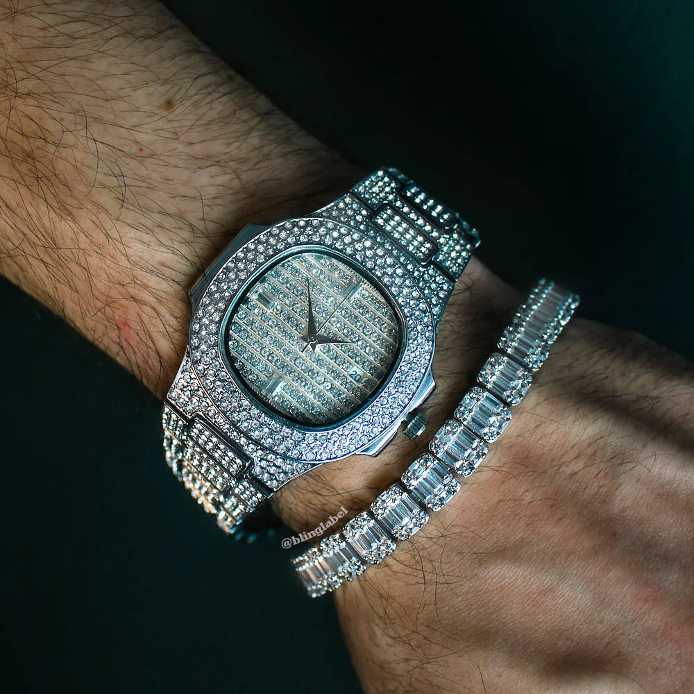 8.5mm Iced Out Baguette Link Bracelet in White Gold