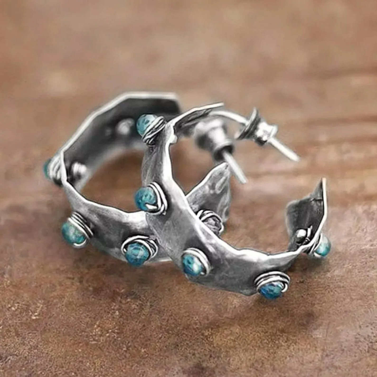 Big Retro Junk Turquoise Vintage Metal Punk Raw Geometric Shape Hoop Earrings