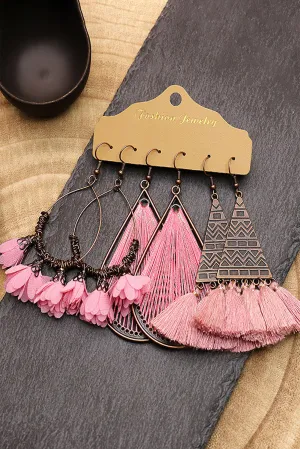 Boho Floral Tasseled Geometric Dangle Earrings Set