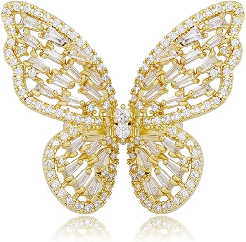 Butterfly Ring for Women Gold Adjustable Cubic Zirconia Ring Jewelry Sparkling Sterling Silver Open Statement Ring
