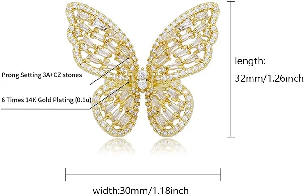Butterfly Ring for Women Gold Adjustable Cubic Zirconia Ring Jewelry Sparkling Sterling Silver Open Statement Ring