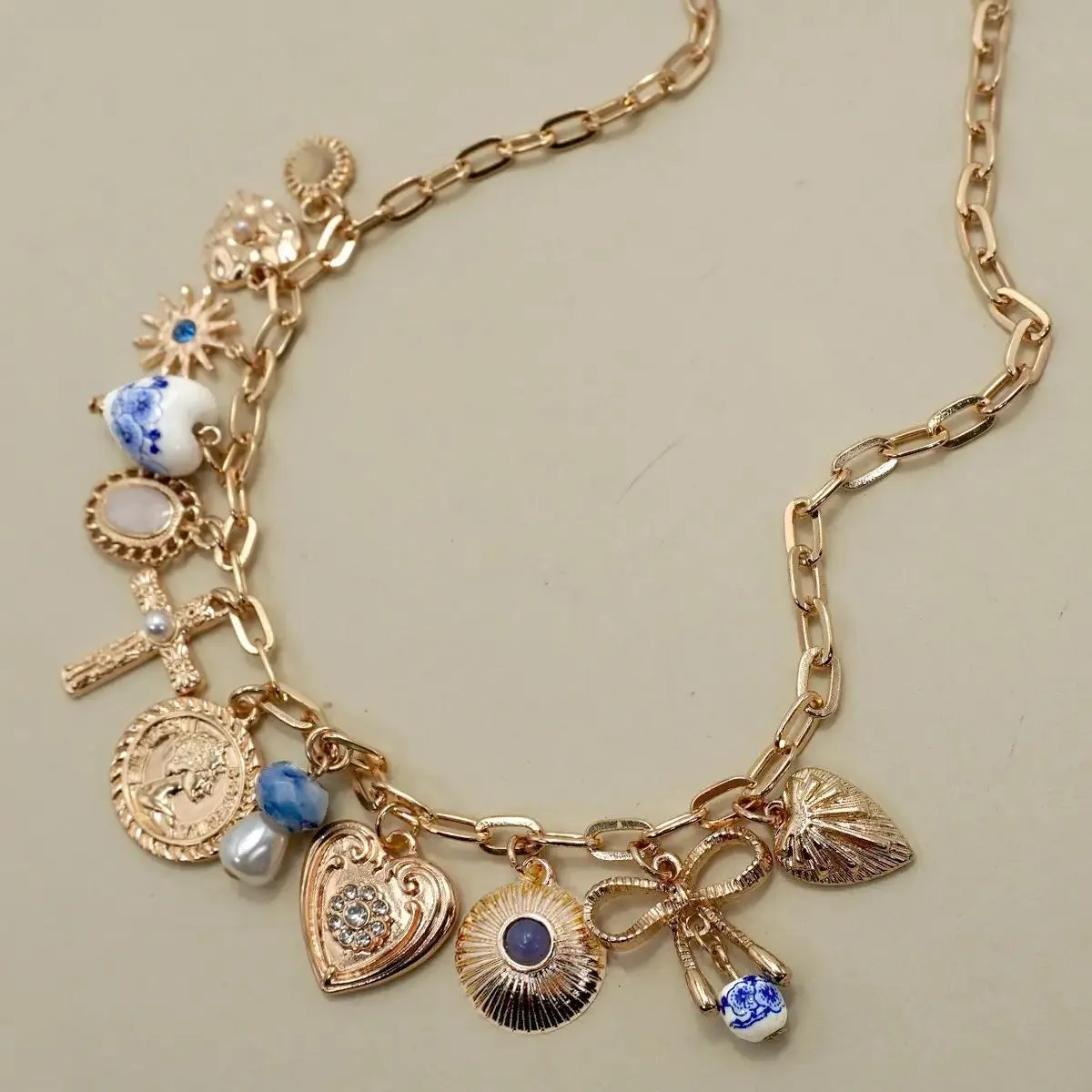 Charm Necklace-Porcelain Hearts Cross Necklace