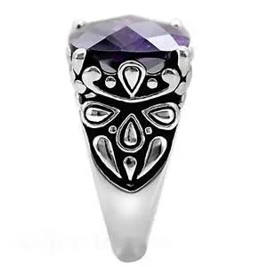 CJ7701OS Wholesale - Stainless Steel Ornate Amethyst Cushion Cut CZ Cocktail Ring