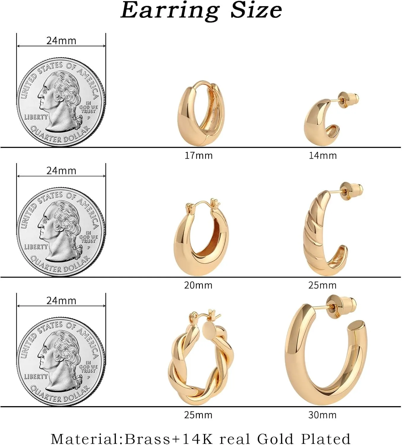 Gold Hoop Earrings Set 14k Real Gold Plated Huggie Earrings Hypoallergenic Chunky Twisted Thick Jewelry for Multiple Piercing Christmas Gift for Women