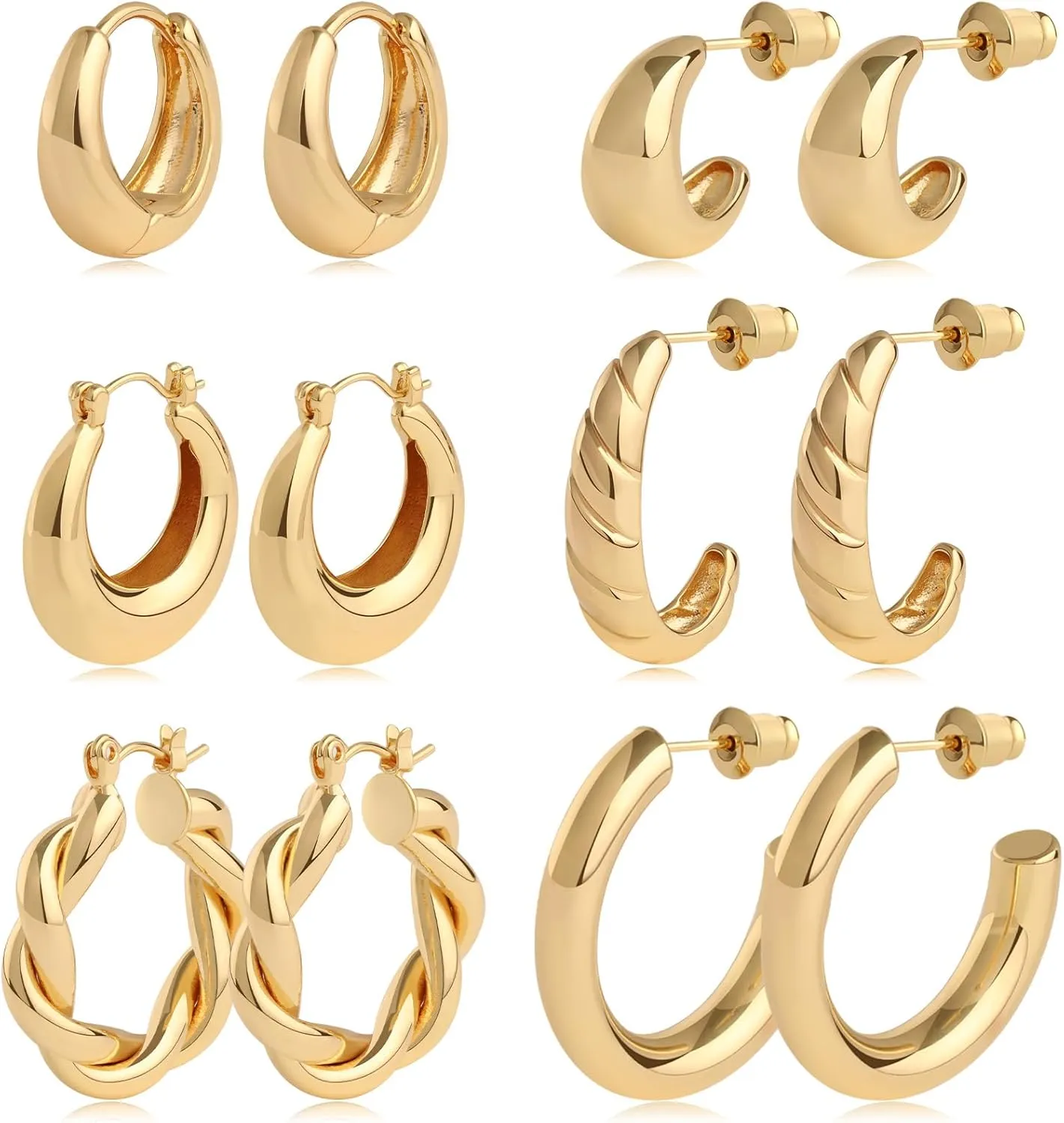 Gold Hoop Earrings Set 14k Real Gold Plated Huggie Earrings Hypoallergenic Chunky Twisted Thick Jewelry for Multiple Piercing Christmas Gift for Women