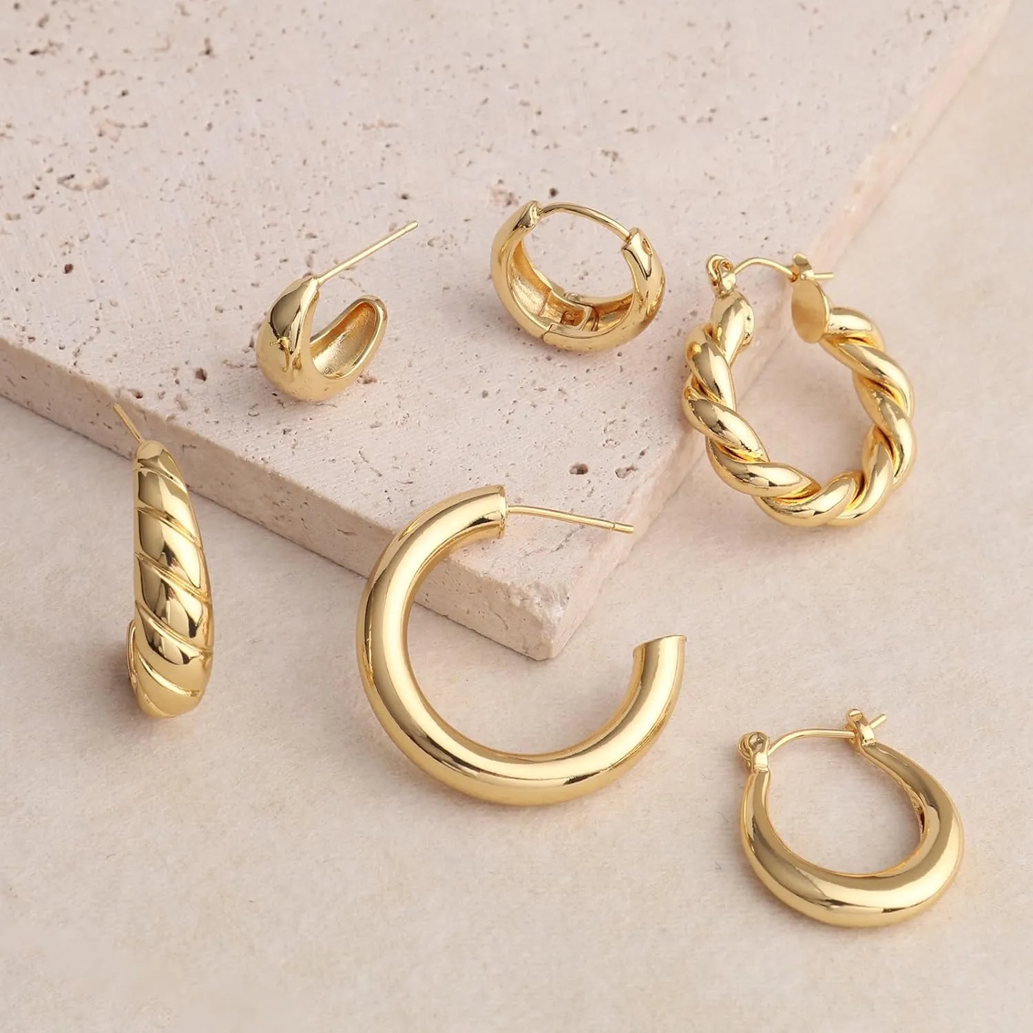 Gold Hoop Earrings Set 14k Real Gold Plated Huggie Earrings Hypoallergenic Chunky Twisted Thick Jewelry for Multiple Piercing Christmas Gift for Women