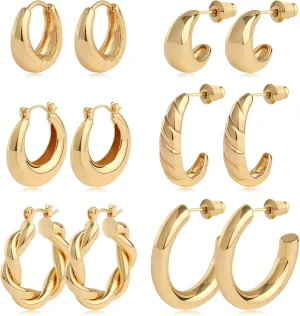 Gold Hoop Earrings Set 14k Real Gold Plated Huggie Earrings Hypoallergenic Chunky Twisted Thick Jewelry for Multiple Piercing Christmas Gift for Women