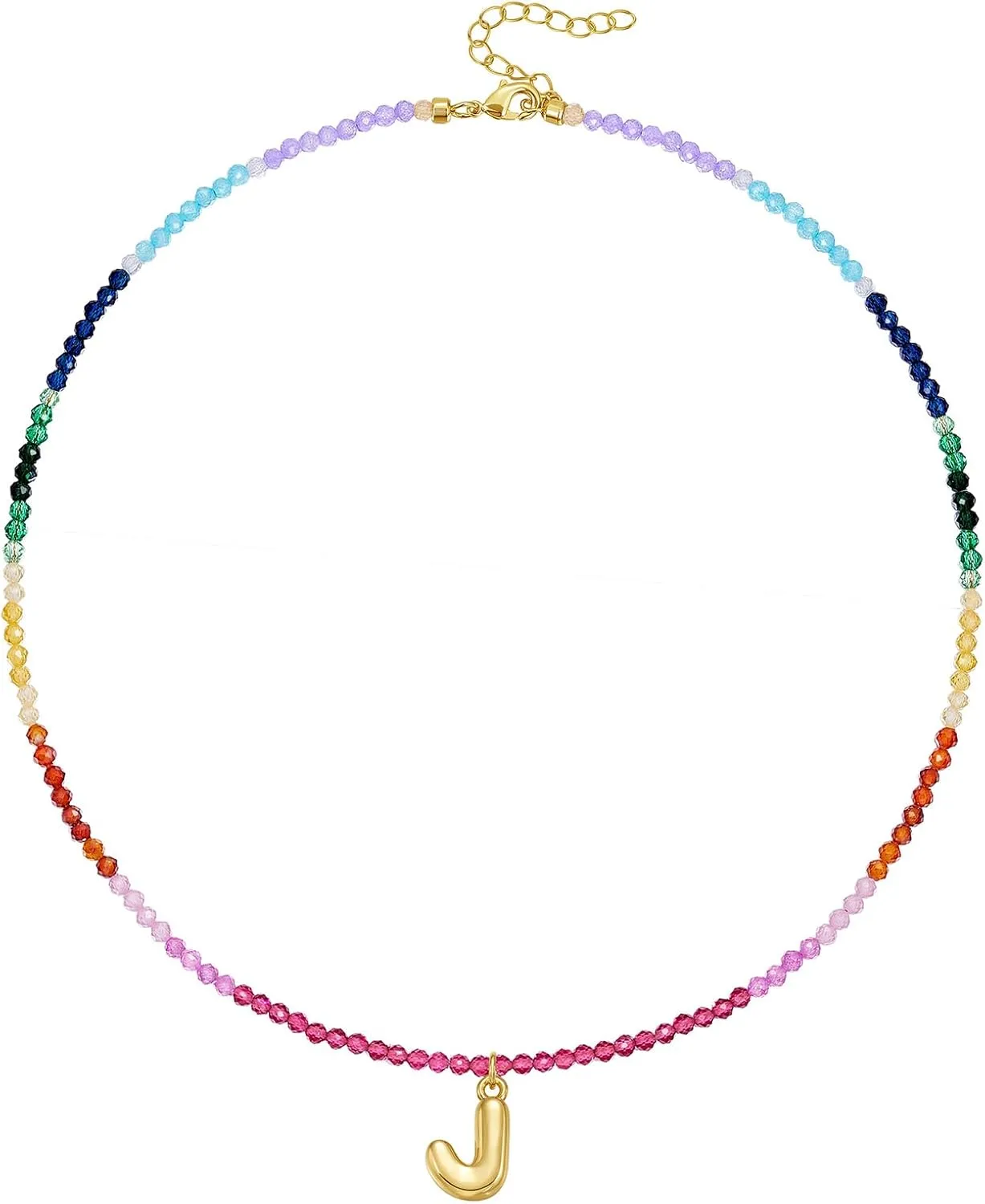 KissYan Beaded Initial Necklace for Women, 14K Gold Plated Bubble Letter Pendant Rainbow Gemstone Choker Colorful Summer Beach Jewelry