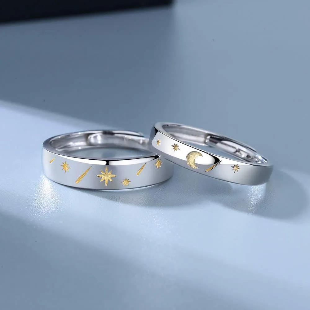 MIKAMU Star Moon Couple Rings 925 Sterling Silver Adjustable Open Rings Engagement Pair Rings Rings for Men Rings for Women Wedding Promise Engagement Anniversary Ring