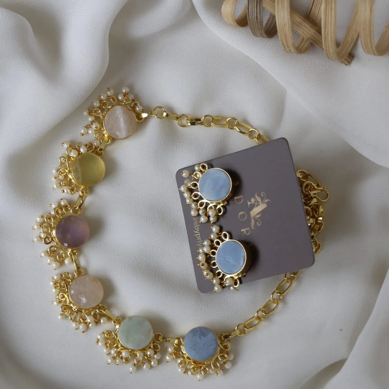 Multicolour Athenea Half Pearl Neckpiece With Stud