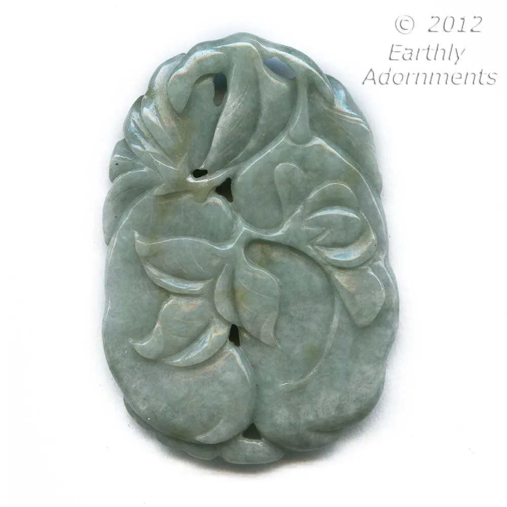 pdja736-Vintage fine carved celadon nephrite jade pendant. Bird in foliage