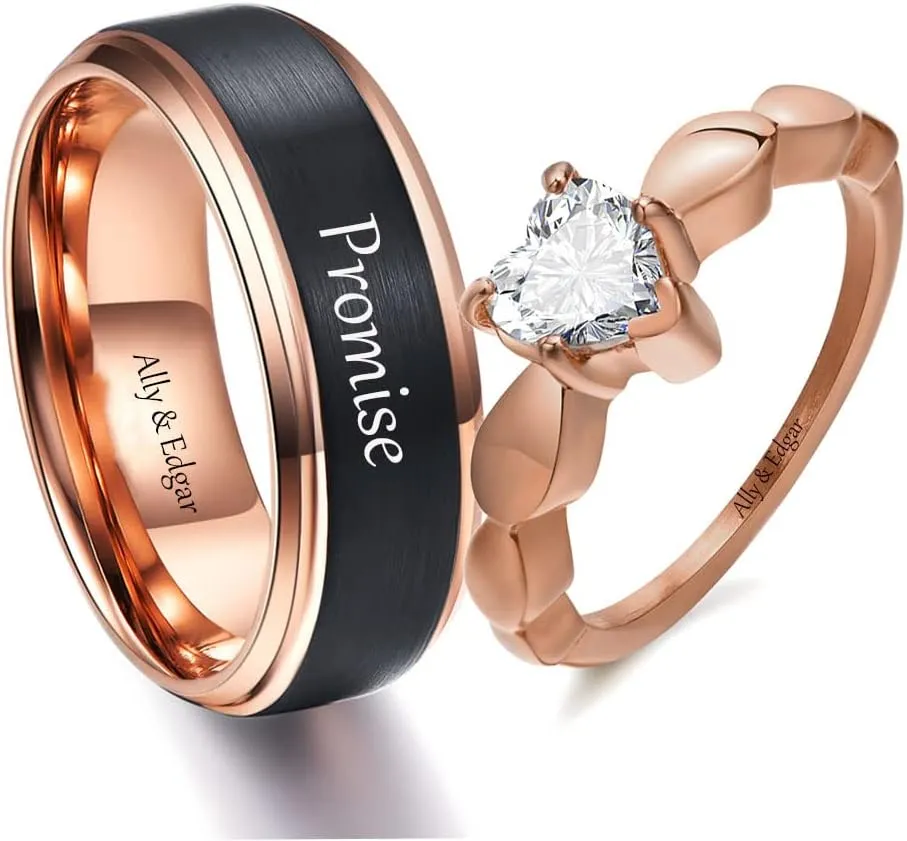 Personalized Matching Promise Rings for Couples Black Wedding Ring Sets for Him and Her Heart Couple Rings Set with Cubic Zirconia for Women,Tungsten Rings for Men Rose Gold and Black Promise Anniversary Couples Jewelry