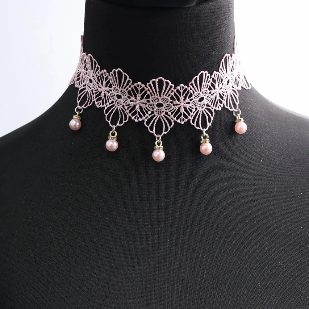 Pink Lace Choker Necklace Set, 10 Pieces