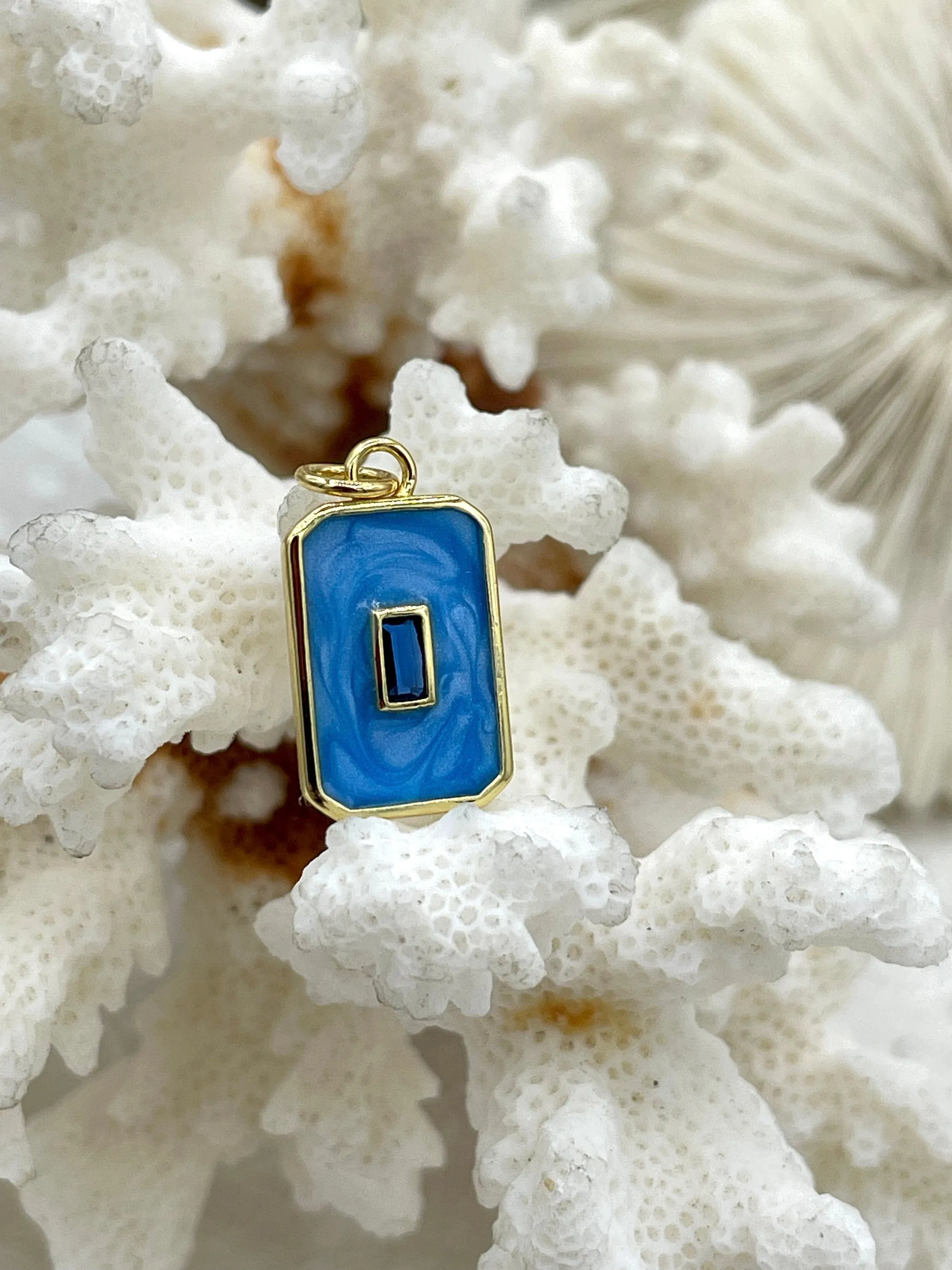 Rectangle Enamel and Gold Pendants with Colorful CZ Center stone, Enamel and Gold Plated Brass, 4 Colors, 15mm x 10mm x 2mm. Fast Ship.