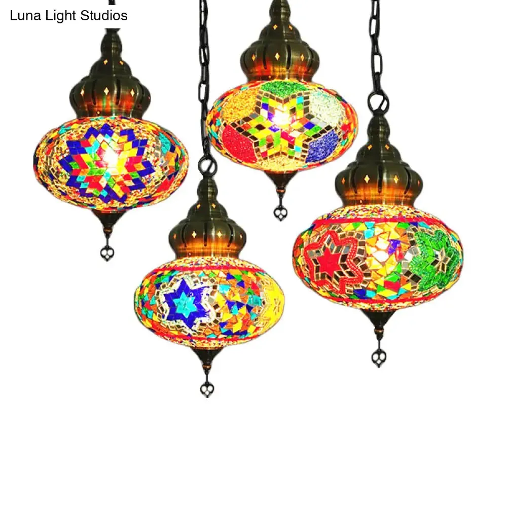 Retro Coffee House Pendant Lamp with Colorful Glass Shade - 1/4 Bulbs Ceiling Light Fixture
