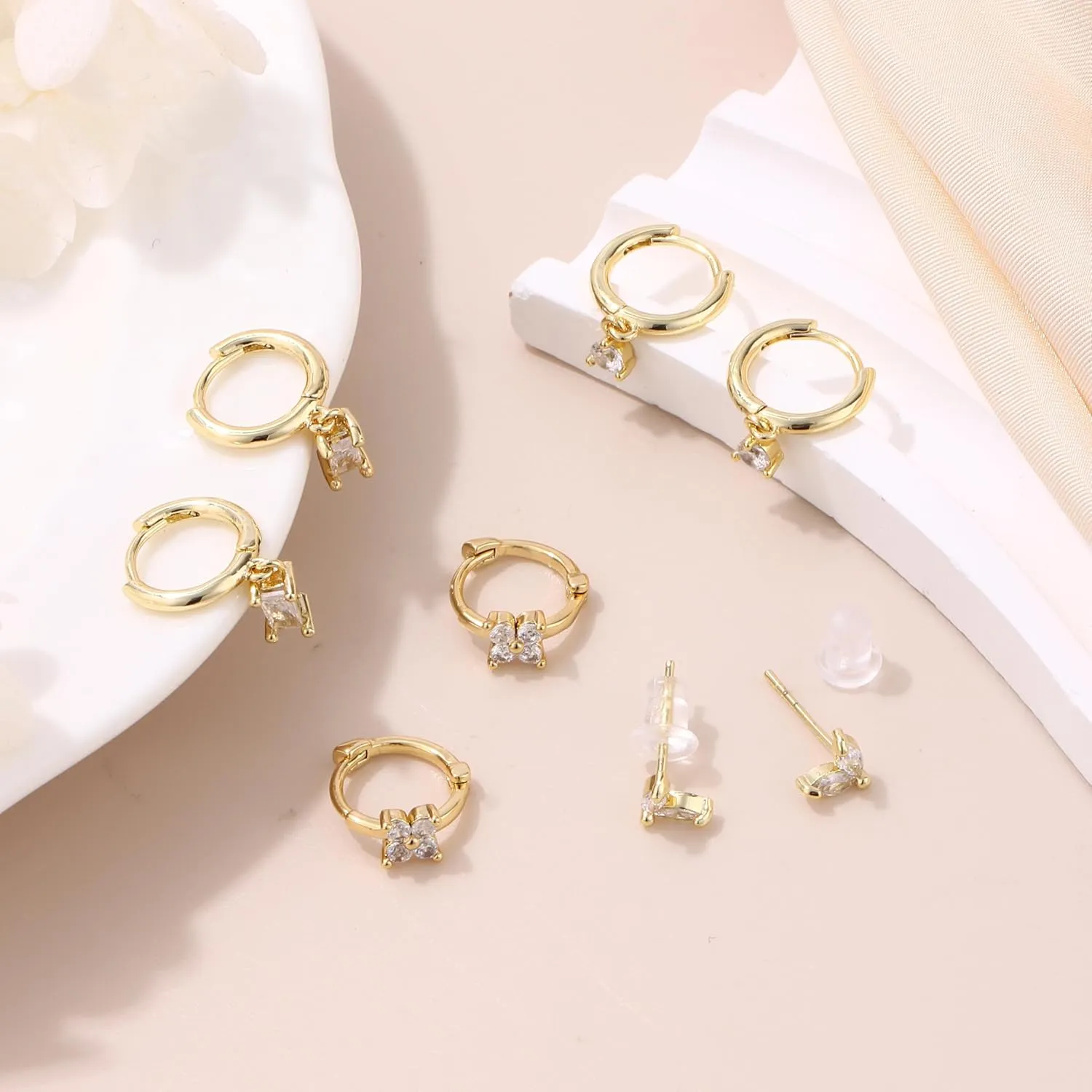 SONNYX 3-4 Pairs Dainty Gold Earrings Set for Women Sensitive Ears -Hypoallergenic 14K Gold Earring Sets for Multiple Piercing- Dangle Huggie Hoop Cartilage Stud Earrings Stacks