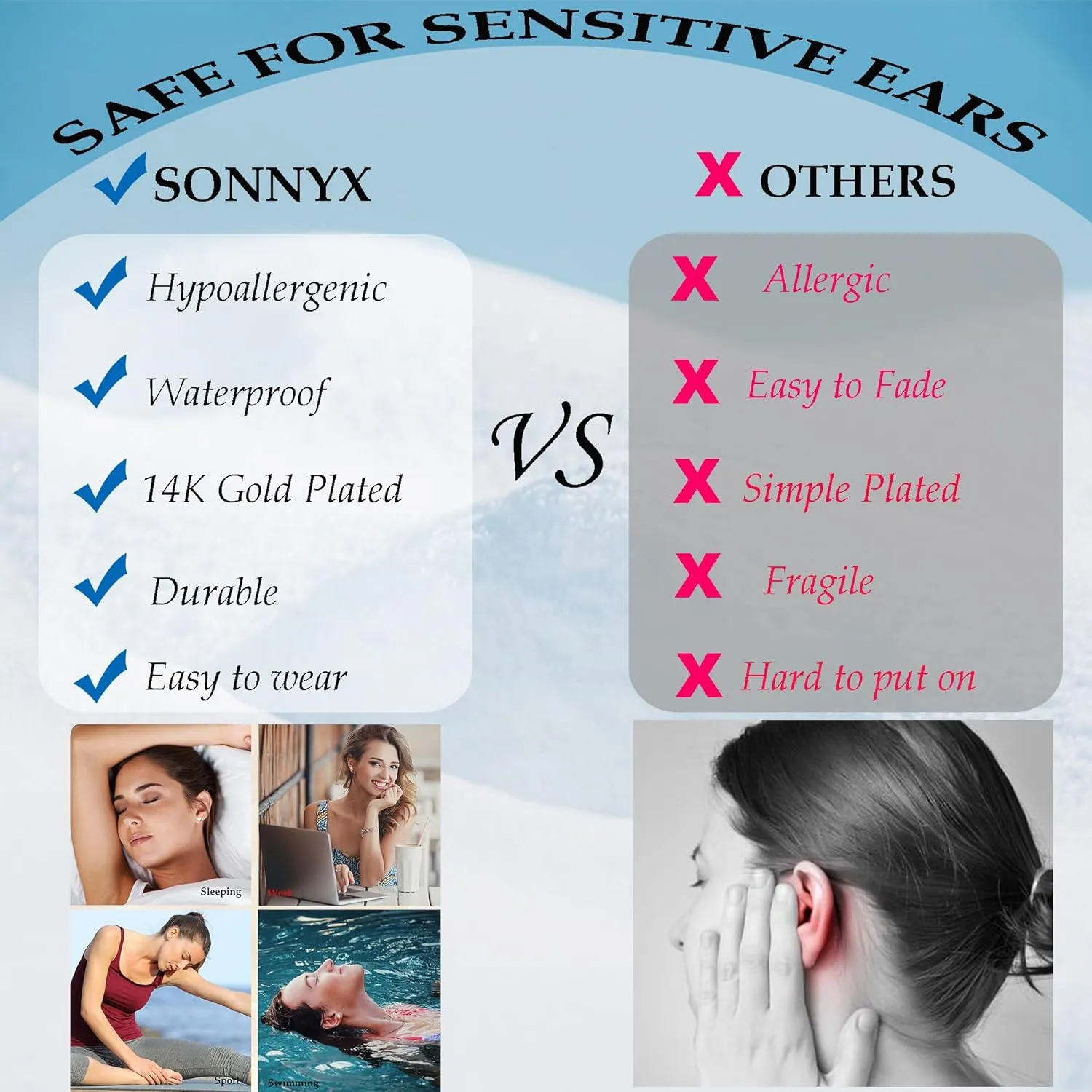 SONNYX 3-4 Pairs Dainty Gold Earrings Set for Women Sensitive Ears -Hypoallergenic 14K Gold Earring Sets for Multiple Piercing- Dangle Huggie Hoop Cartilage Stud Earrings Stacks