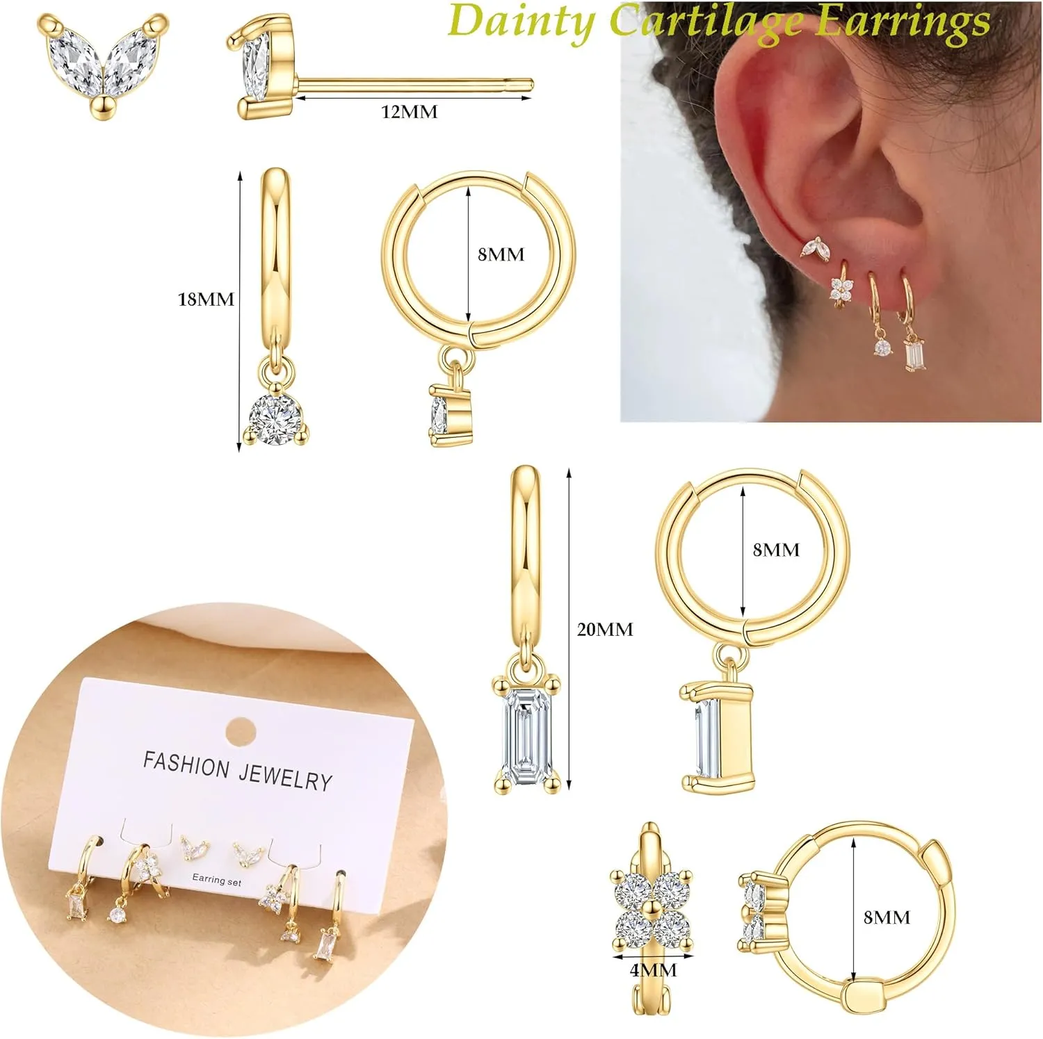 SONNYX 3-4 Pairs Dainty Gold Earrings Set for Women Sensitive Ears -Hypoallergenic 14K Gold Earring Sets for Multiple Piercing- Dangle Huggie Hoop Cartilage Stud Earrings Stacks