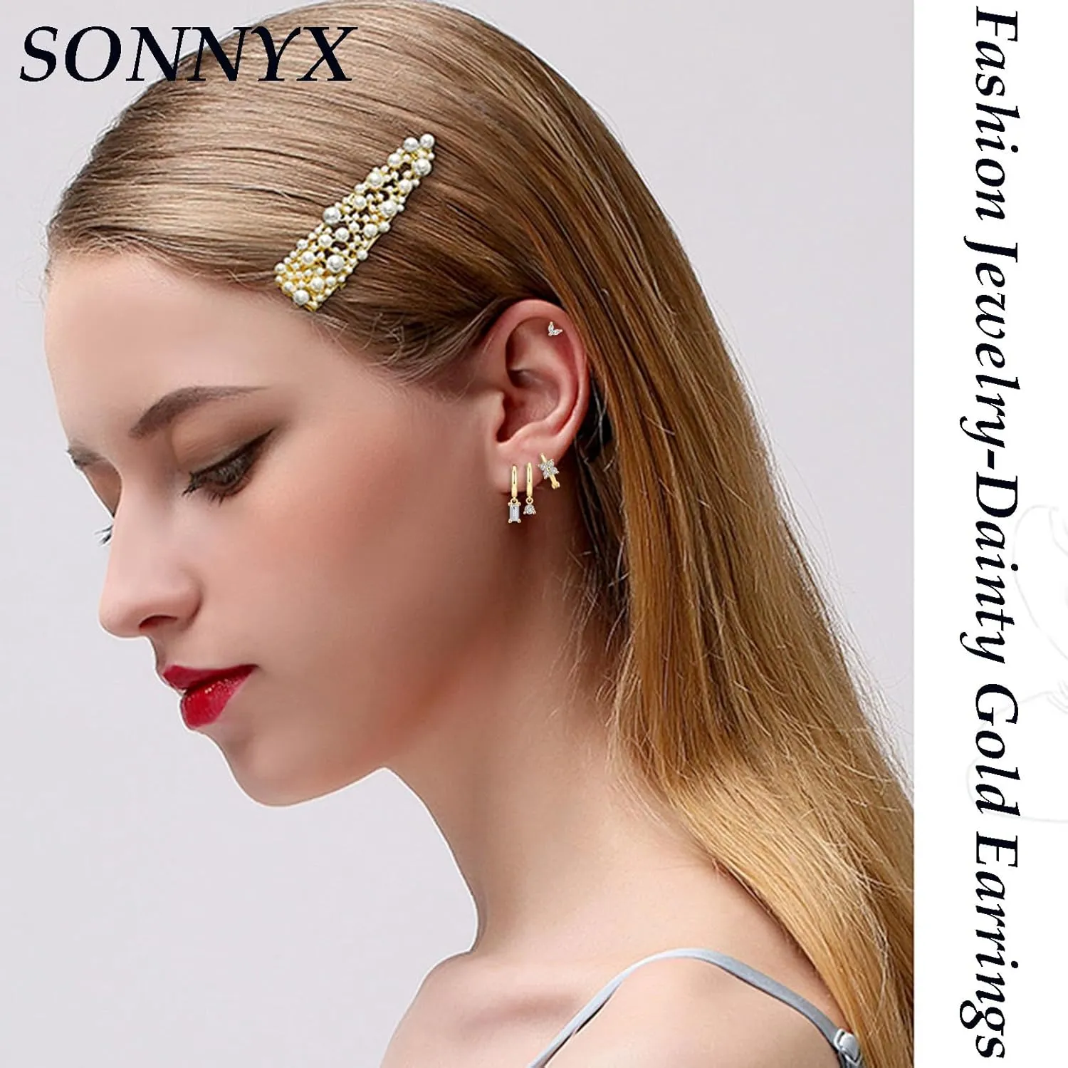 SONNYX 3-4 Pairs Dainty Gold Earrings Set for Women Sensitive Ears -Hypoallergenic 14K Gold Earring Sets for Multiple Piercing- Dangle Huggie Hoop Cartilage Stud Earrings Stacks