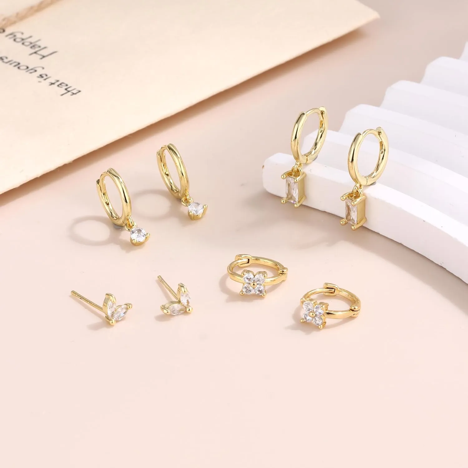 SONNYX 3-4 Pairs Dainty Gold Earrings Set for Women Sensitive Ears -Hypoallergenic 14K Gold Earring Sets for Multiple Piercing- Dangle Huggie Hoop Cartilage Stud Earrings Stacks