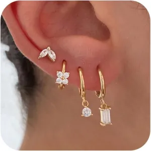 SONNYX 3-4 Pairs Dainty Gold Earrings Set for Women Sensitive Ears -Hypoallergenic 14K Gold Earring Sets for Multiple Piercing- Dangle Huggie Hoop Cartilage Stud Earrings Stacks