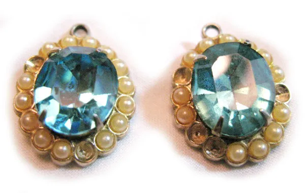 VINTAGE Womens BIG BLUE Stone EARRINGS? PENDANTS OBLONG Cream FAUX PEARLS