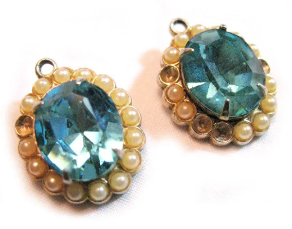 VINTAGE Womens BIG BLUE Stone EARRINGS? PENDANTS OBLONG Cream FAUX PEARLS